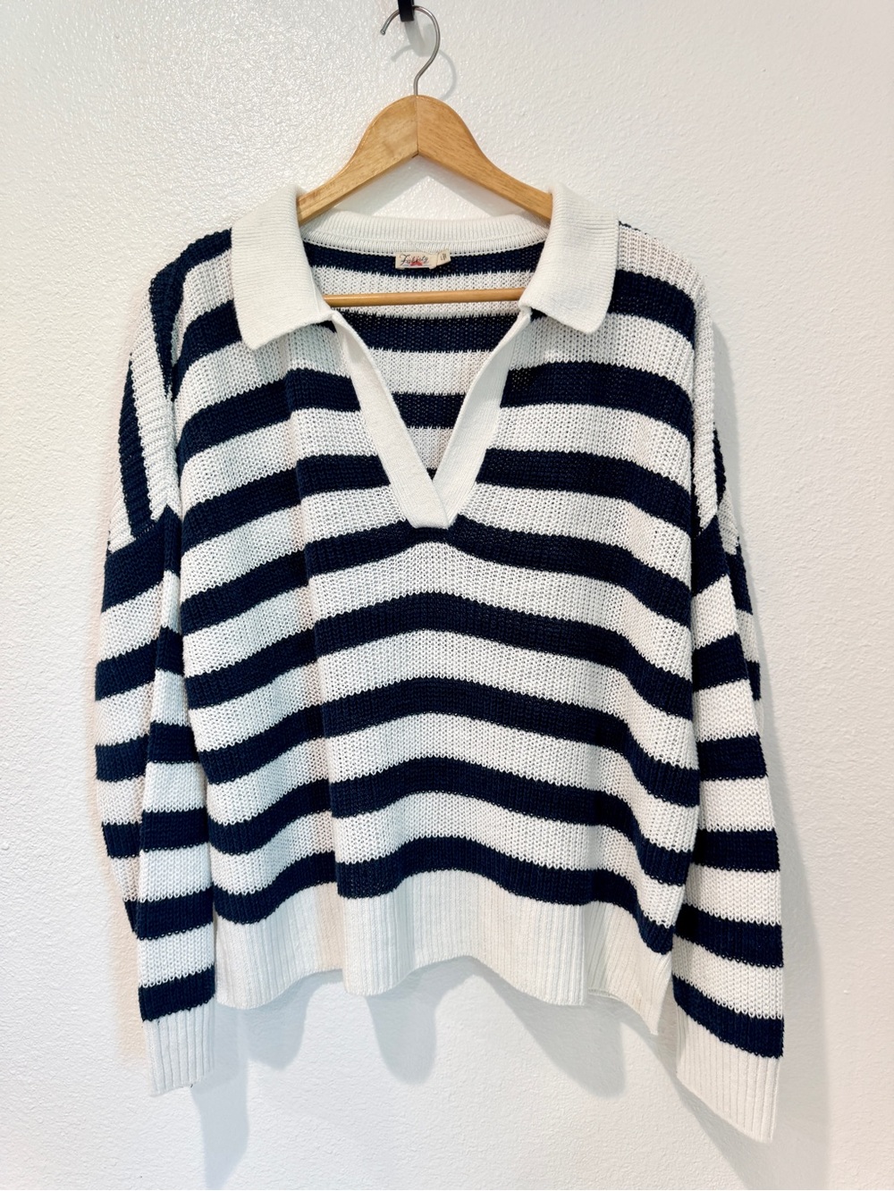 Faherty Org Cotton Linen Nautical Striped Long Sleeve Miramar Collar Sweater L